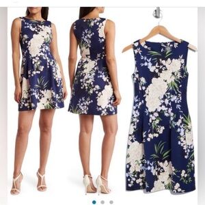 Vince Camuto floral print sleeveless scuba fit & flare dress in navy size 14